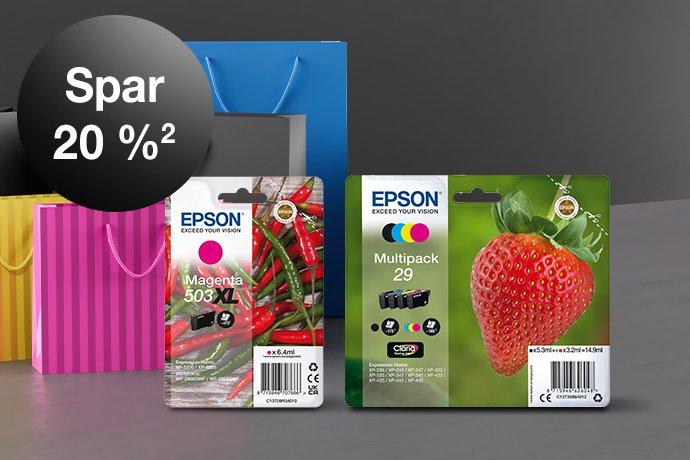 Two Epson ink cartridges against a black and grey background with colorful paper bags next to them