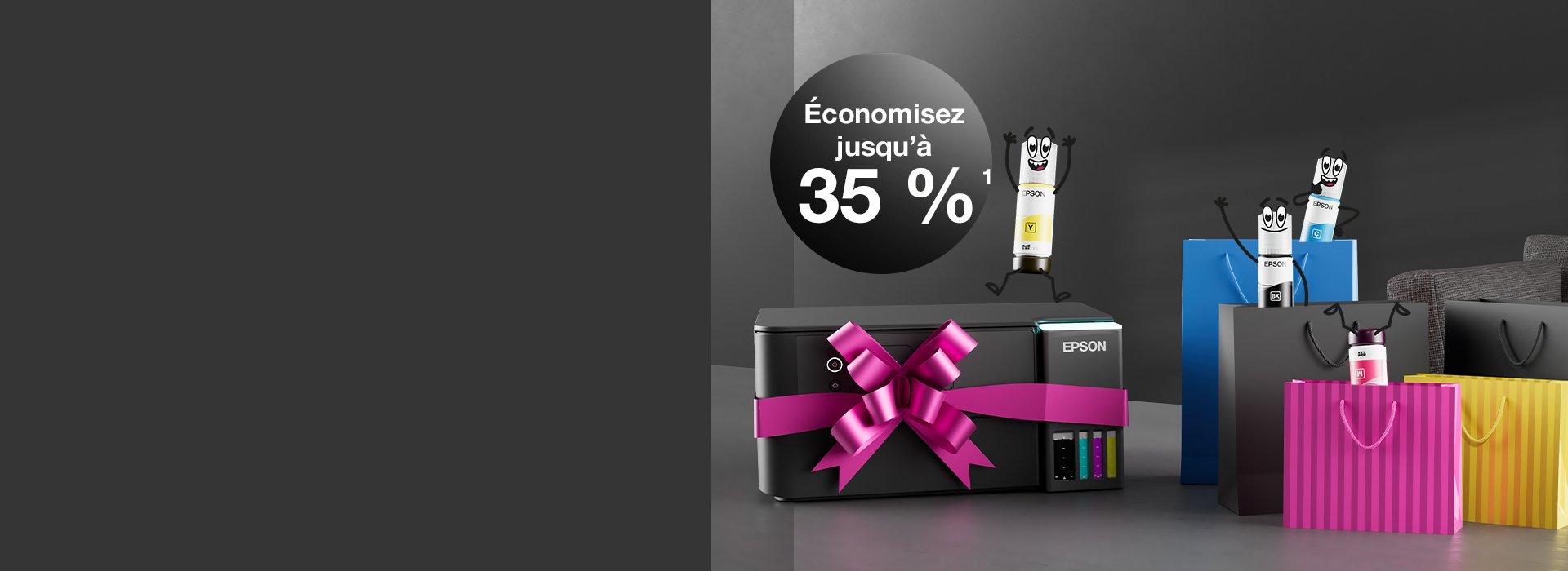 An Epson Printer with a ribbon around it and colorful paper bags with Inkies on top of them