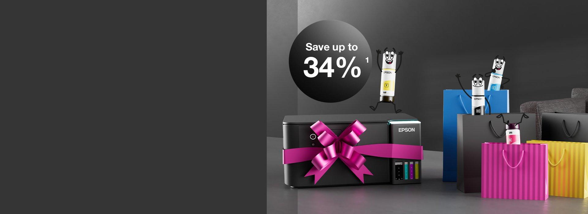 An Epson Printer with a ribbon around it and colorful paper bags with Inkies on top of them