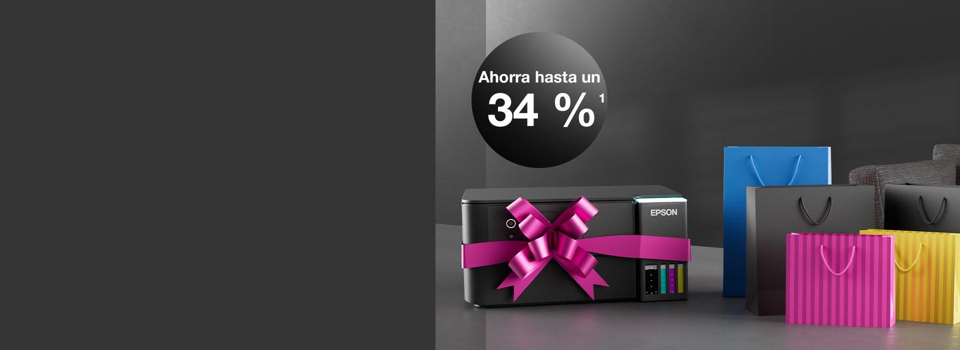 An Epson Printer with a ribbon around it and colorful paper bags with Inkies on top of them