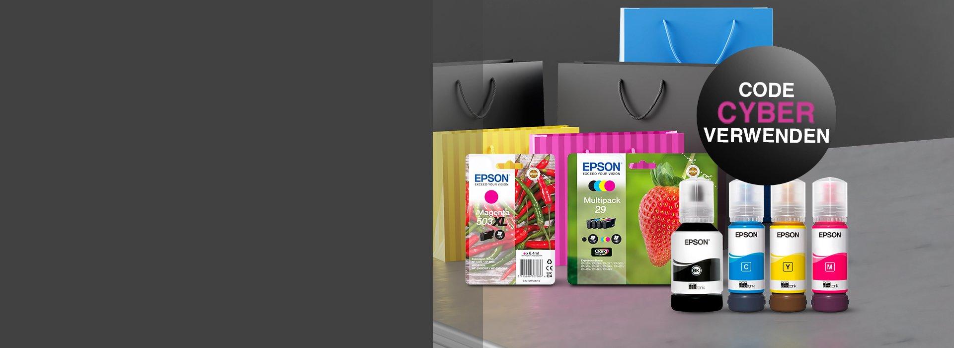 Epson ink bottles and cartridges in front of colourful paper bags against a black/grey background