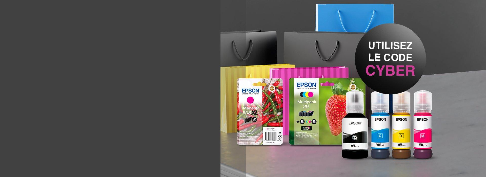 Epson ink bottles and cartridges in front of colourful paper bags against a black/grey background