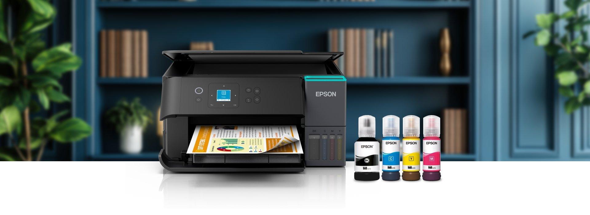 Epson printer and inks overlayed in front of a calming office environment bookshelf.