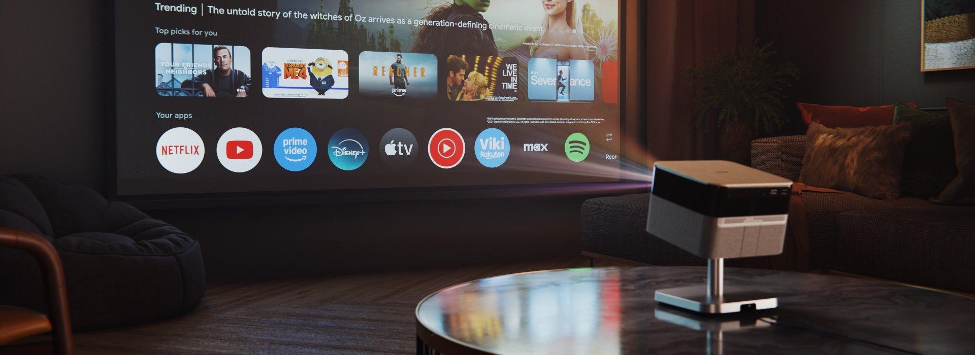 Epson projector projecting from a coffee table onto a large living room projection-screen.