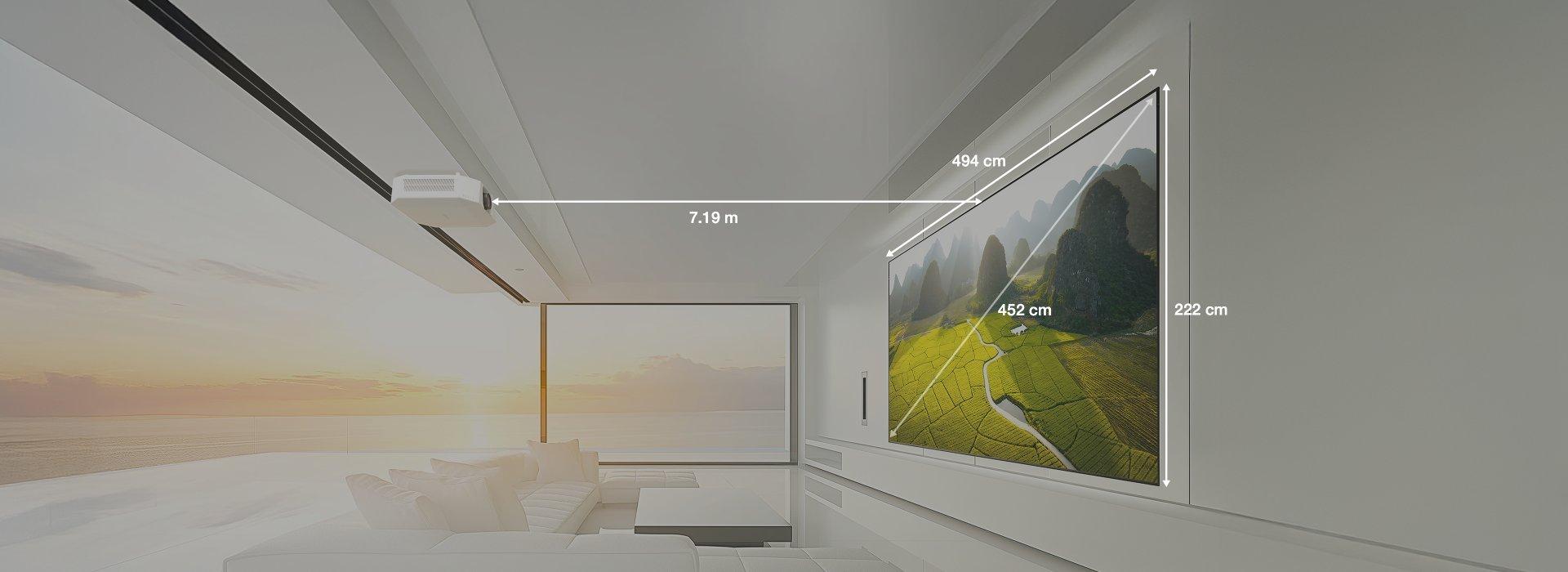 Hanging Epson projector 7.19m away from the projection-screen, projecting with a 452cm display size.