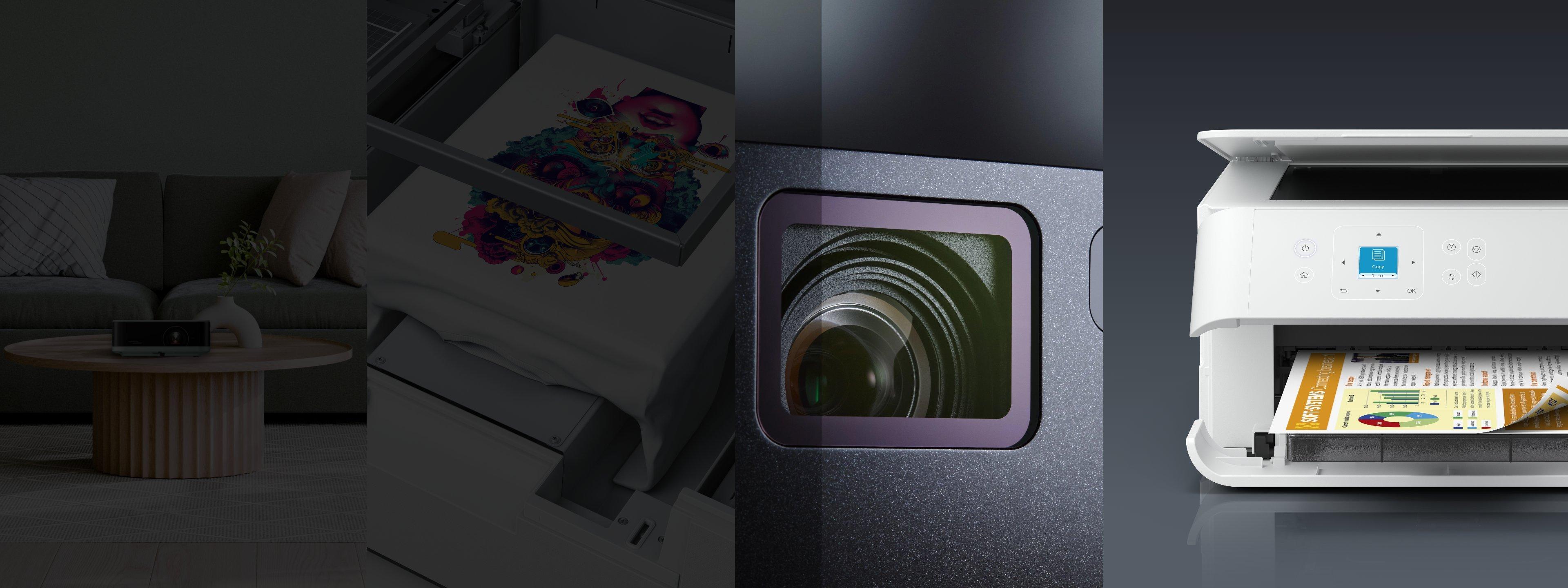 A collage of four images: a projector on a table in a living room, a colorful print in progress, a close-up of a camera lens, and a printer with a printed page.