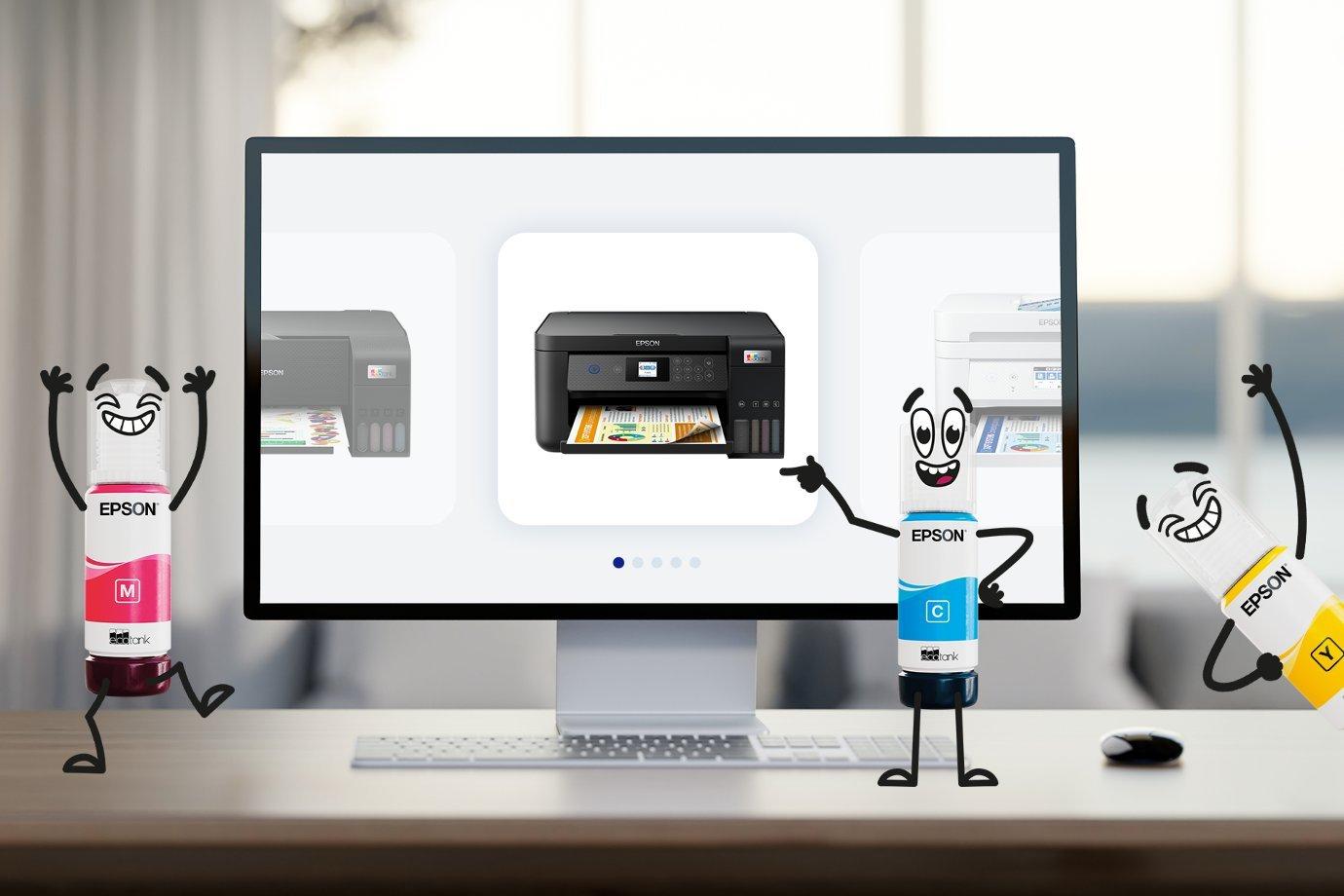 Smiling cartoon ink bottles stand around a monitor displaying Epson printers. The scene is playful and bright, emphasizing printing and color variety.