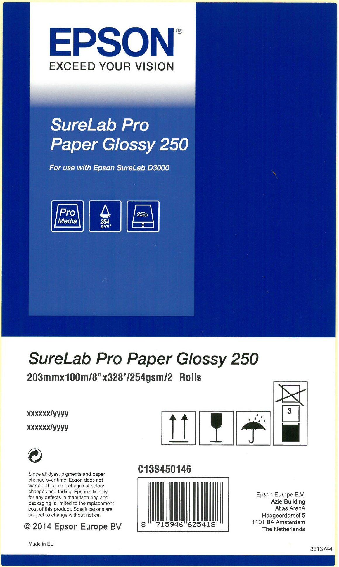 Papier jet d'encre EPSON SureLab Photo Brillant (recto) 250g pour