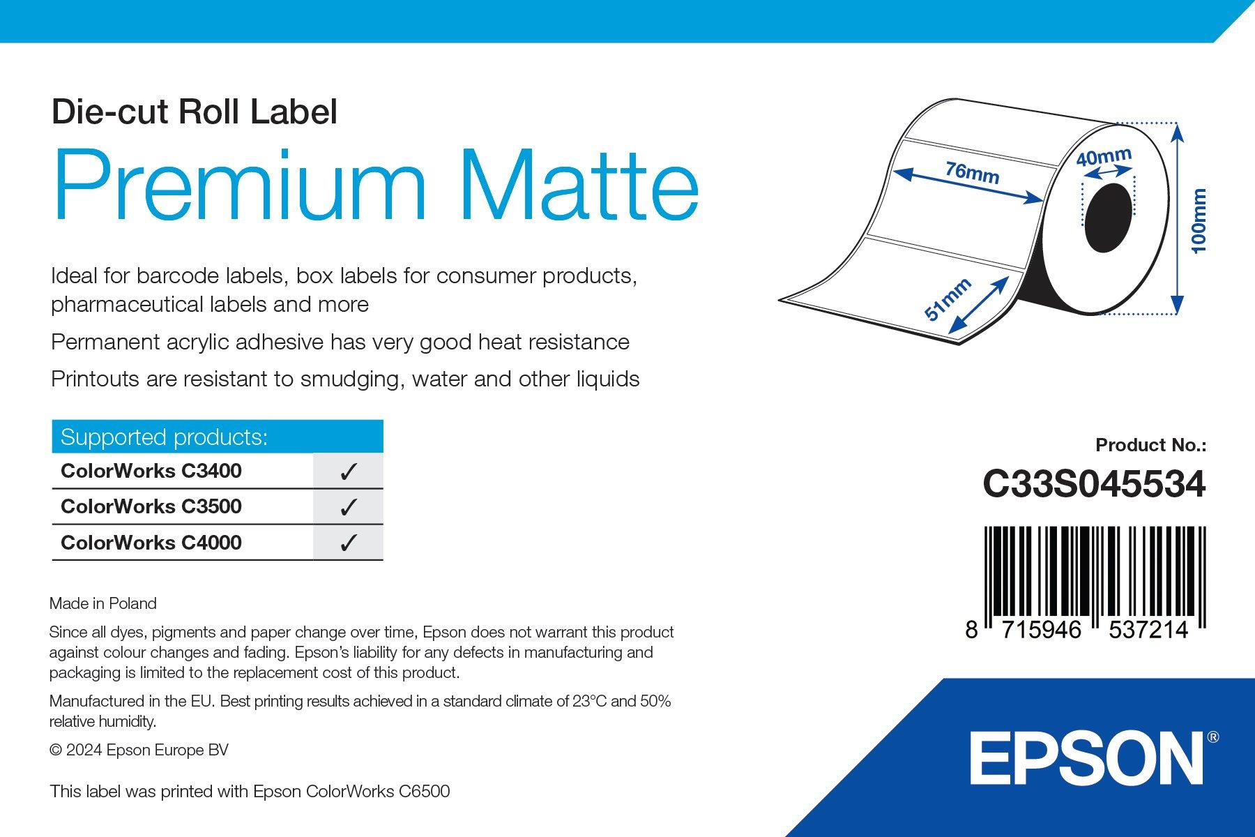 Premium Matte Label - Die-cut Roll: 76mm x 51mm, 650 labels