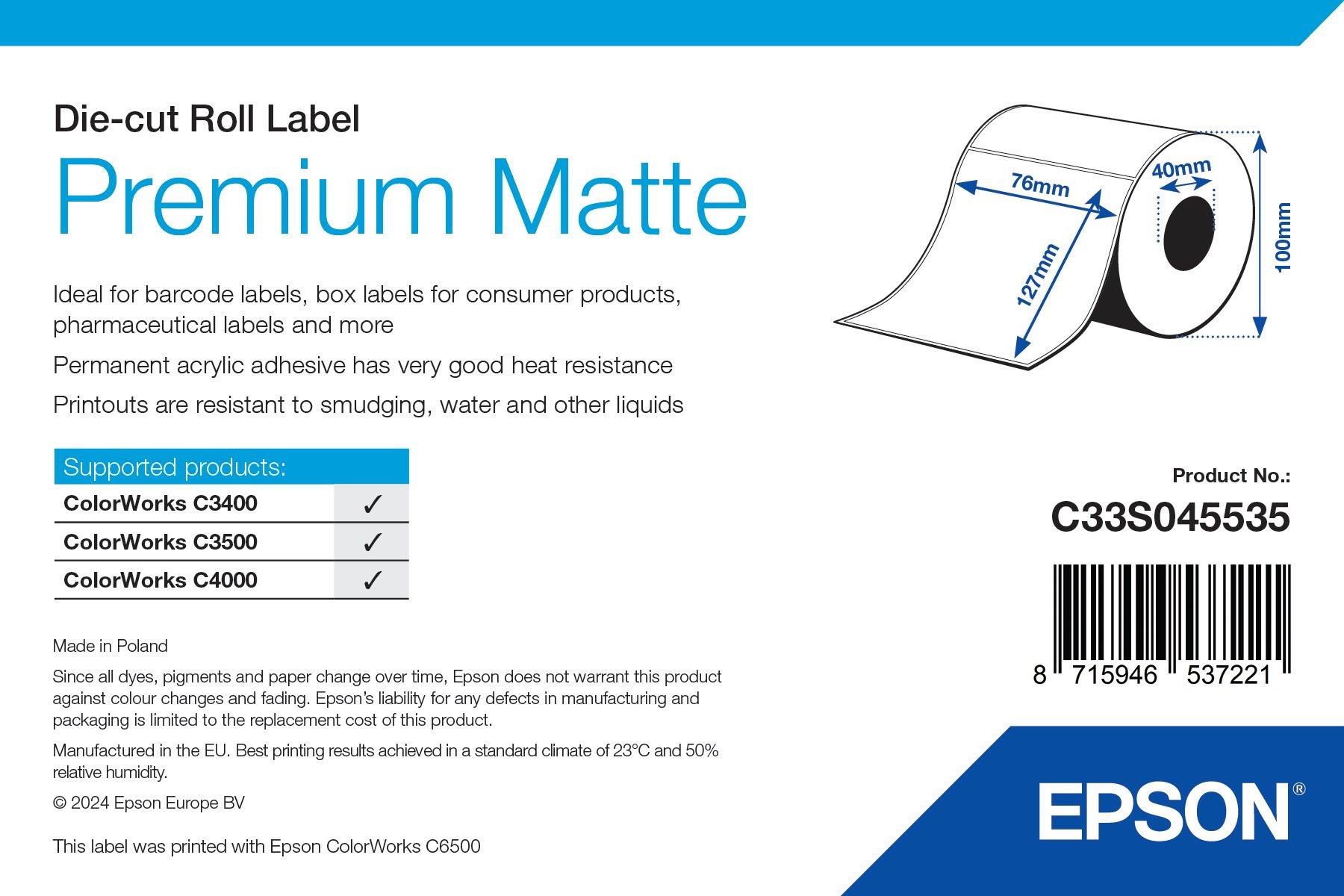 Premium Matte Label - Die-cut Roll: 76mm x 127mm, 265 labels