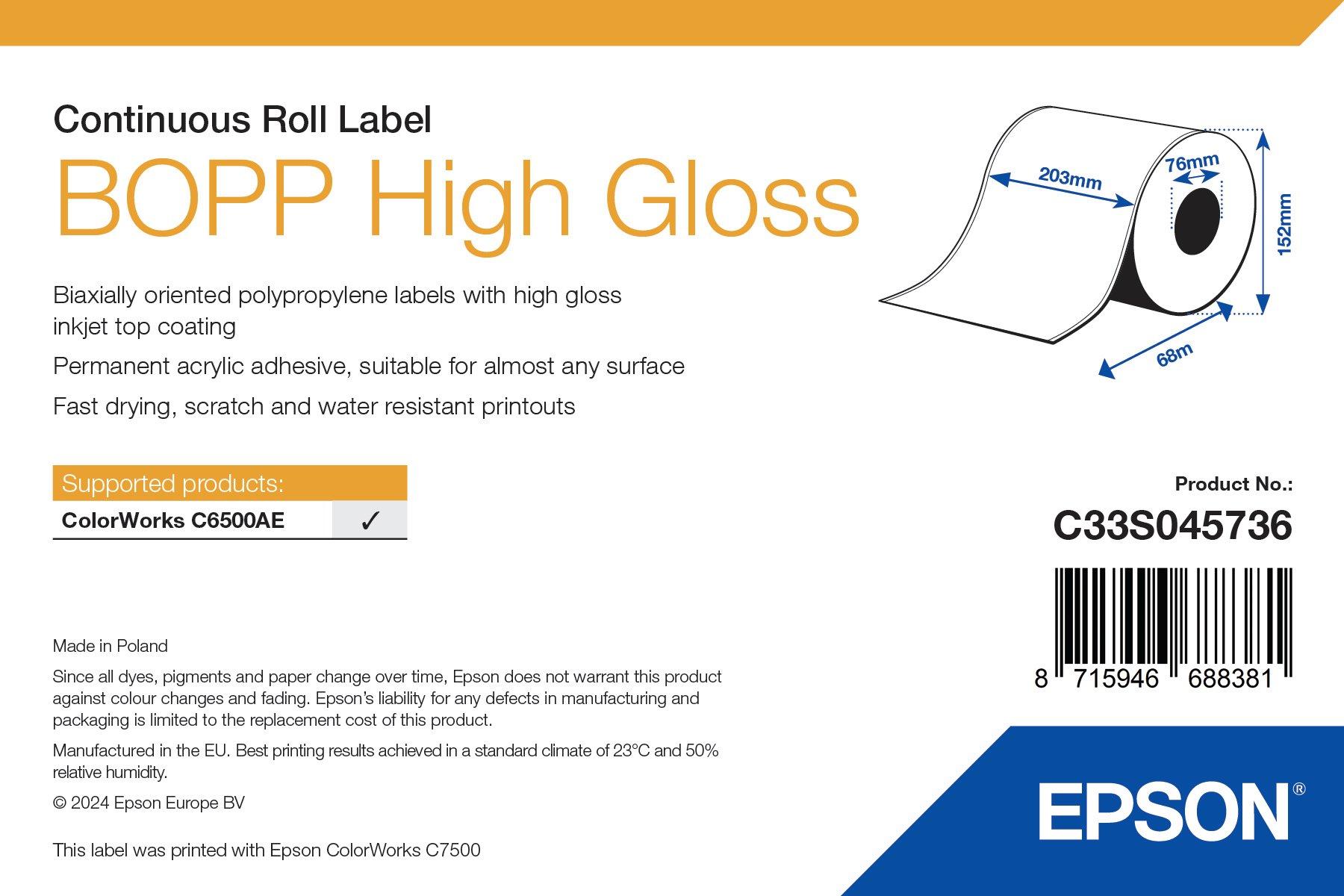 BOPP High Gloss Label - Continuous Roll: 203mm x 68m