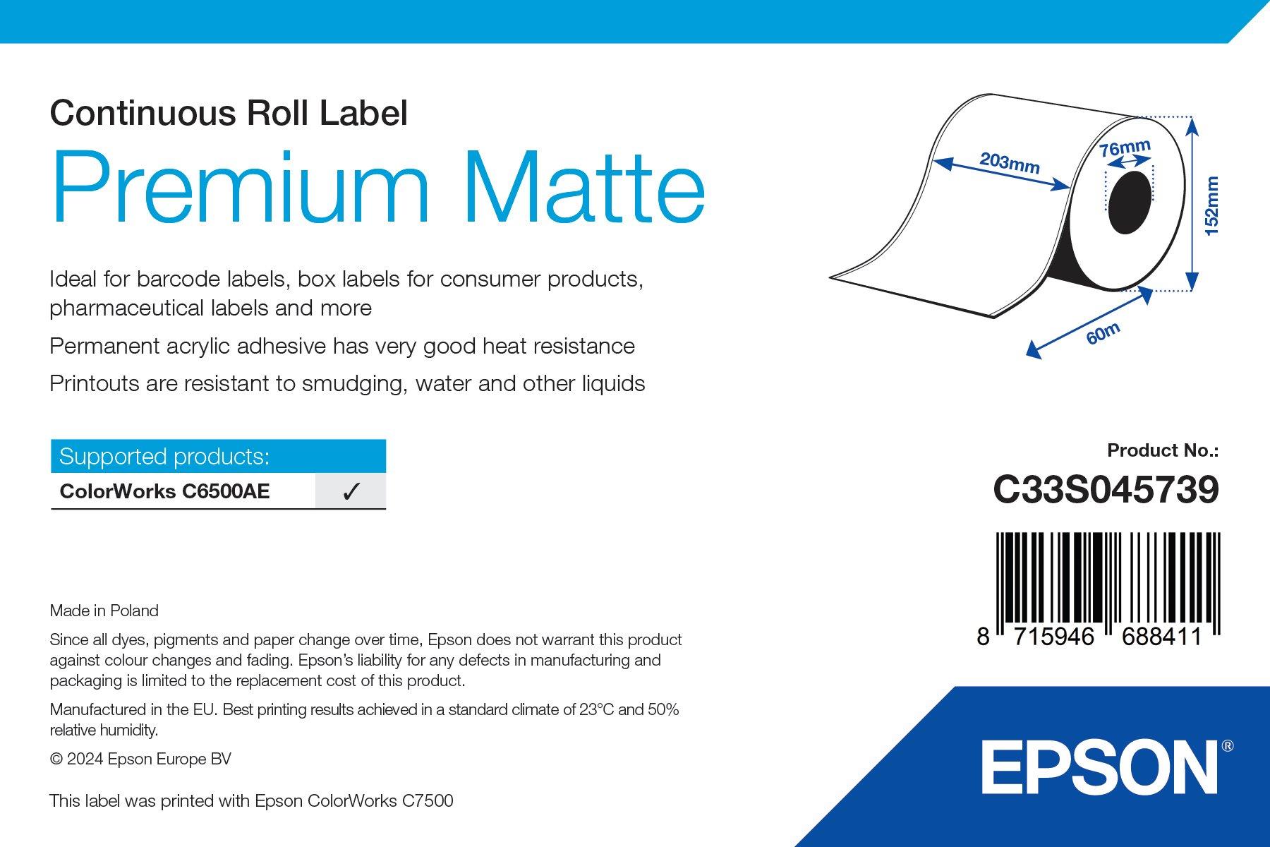 Premium Matte Label - Continuous Roll: 203mm x 60m