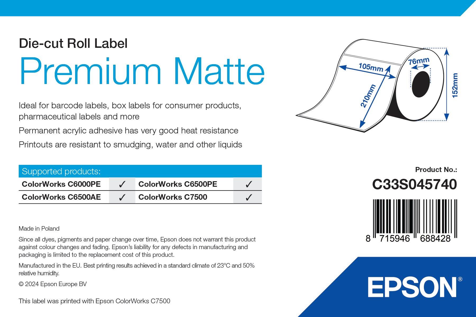 Premium Matte Label - Die-Cut Roll: 105mm x 210mm, 282 labels