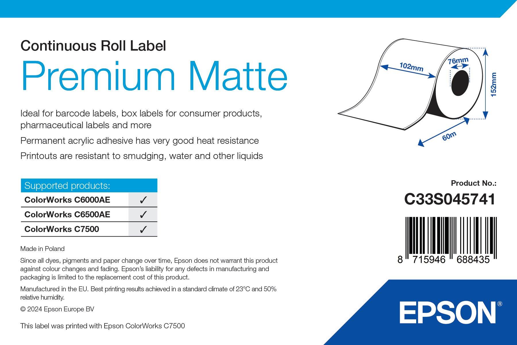 Premium Matte Label - Continuous Roll: 102mm x 60m