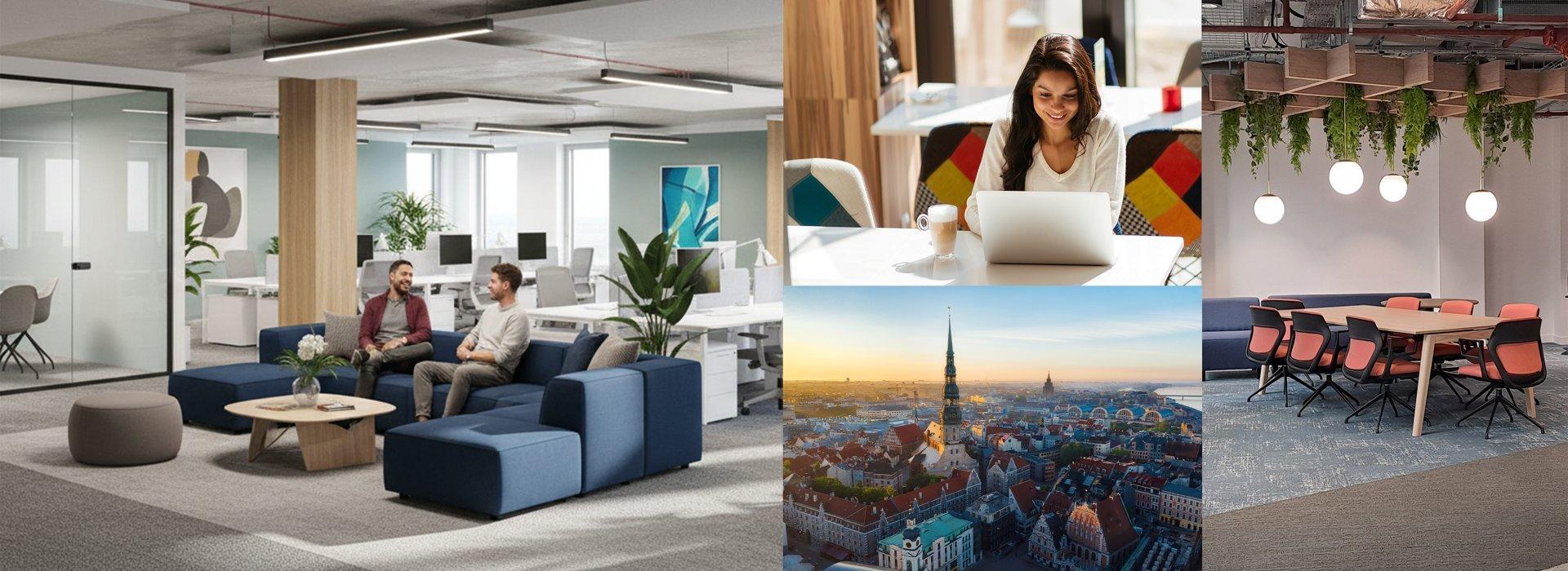 Atvērtā biroja telpas attēlu kolāža, kurā redzama plaša atpūtas zona un dekoratīvi augi visā darba vietā.