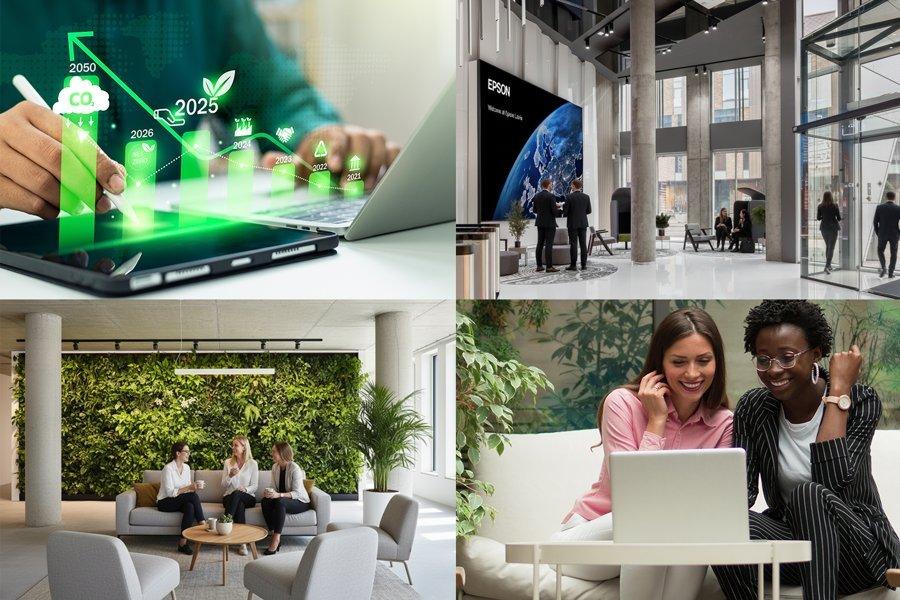 4 attēlu kolāža, kas parāda Epson koncentrēšanos uz ilgtspējību ar plāniem līdz 2050. gadam, un dažādi biroja attēli, kuros darbinieki redzami apstādītiem podos augiem un citām augu sugām.