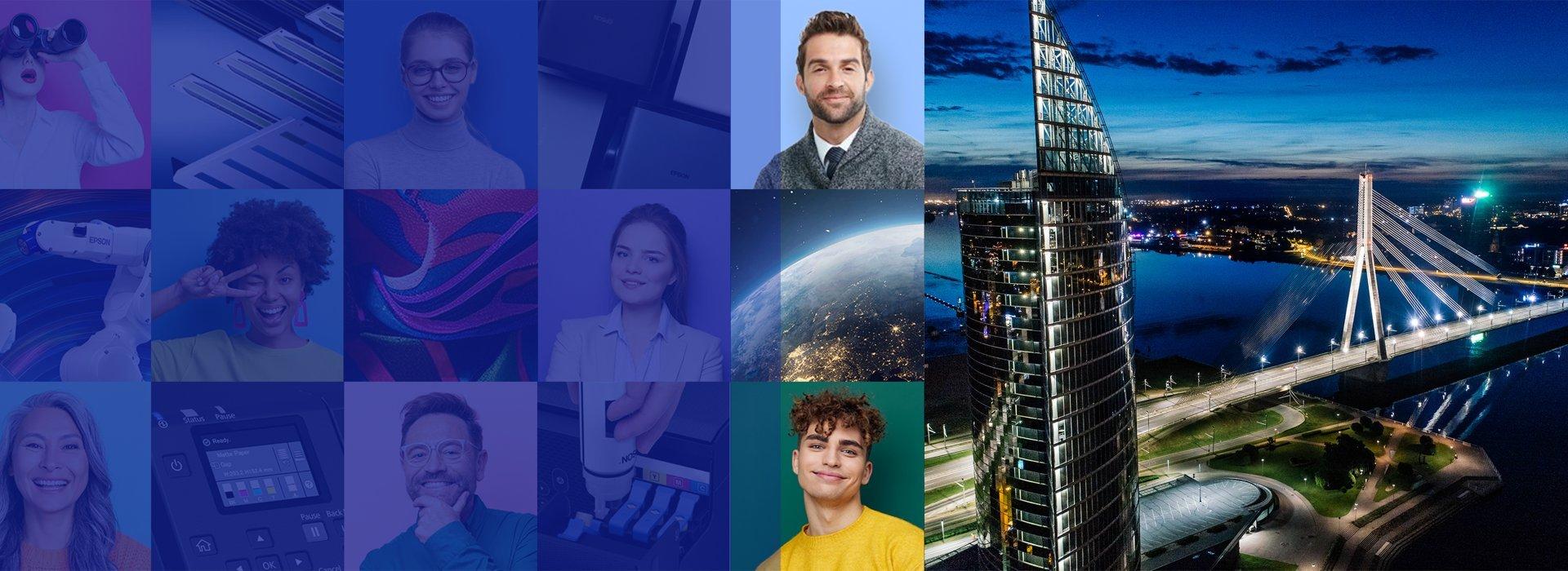 Fons sadalīts pa vidu, kreisajā pusē redzams Epson darbinieku un ierīču kolāža, bet labajā pusē – Rīgas nakts skats no augšas.