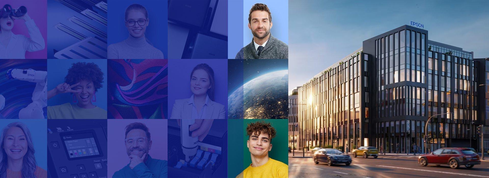 Fons sadalīts pa vidu, kreisajā pusē redzams Epson darbinieku un ierīču kolāža, bet labajā pusē – Rīgas nakts skats no augšas.
