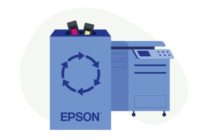 An Epson ink cartridge collection box alongside an office printer.