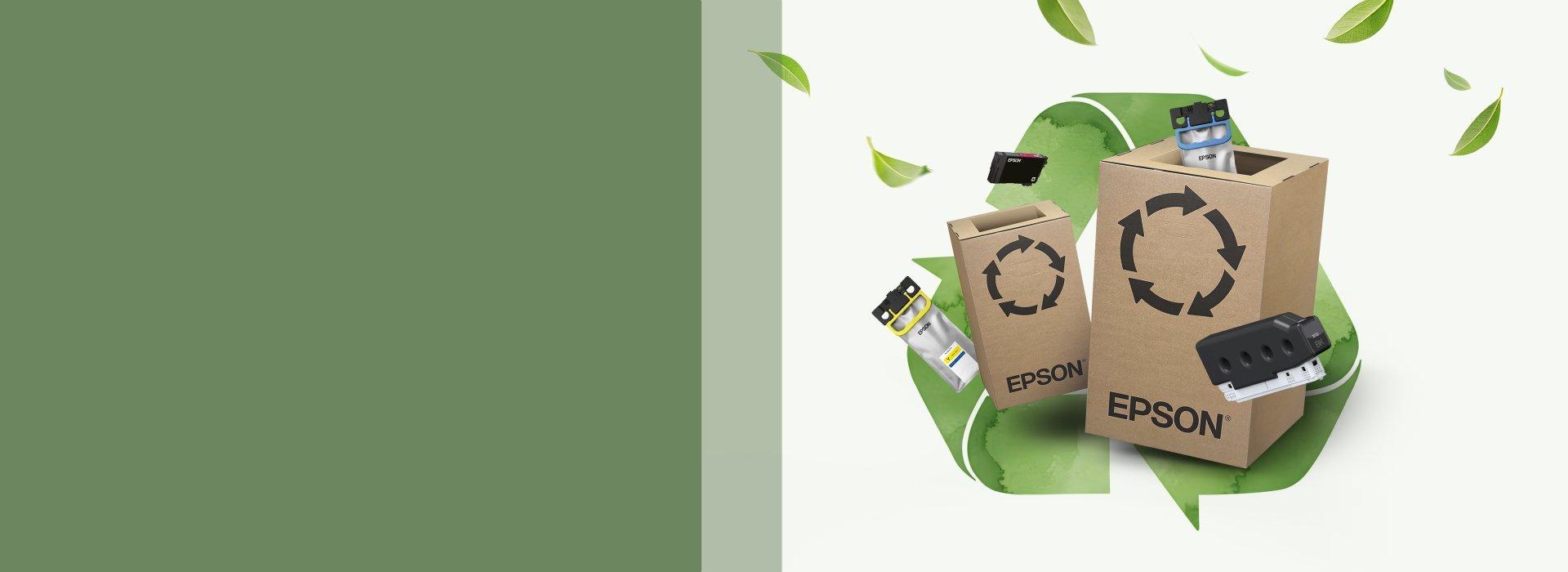 Cardboard recycling boxes with used ink cartridges, overlaying an eco-friendly recycling icon.