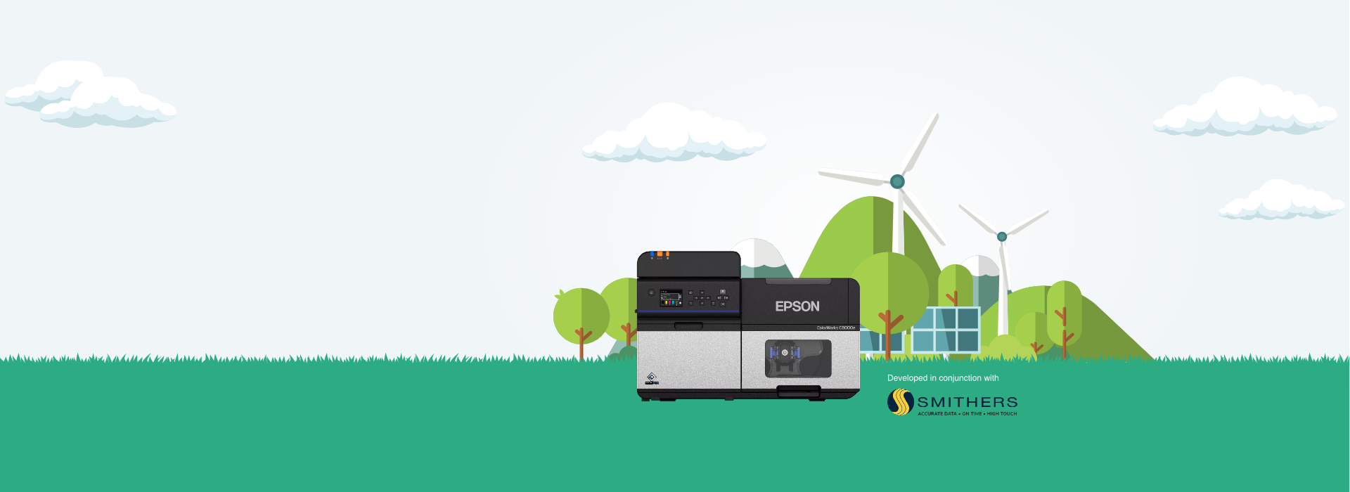 A Colorworks printer over an Eco-friendly background. "Developed in conjunction with SMITHERS".