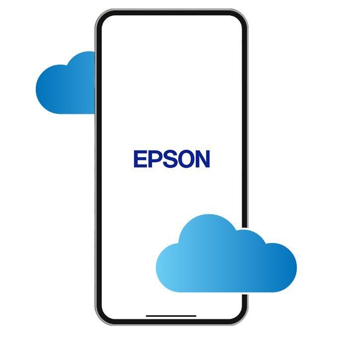 A smartphone with a white background with the Epson logo centred, blue cloud icons are overlayed in front of and behind the phone.