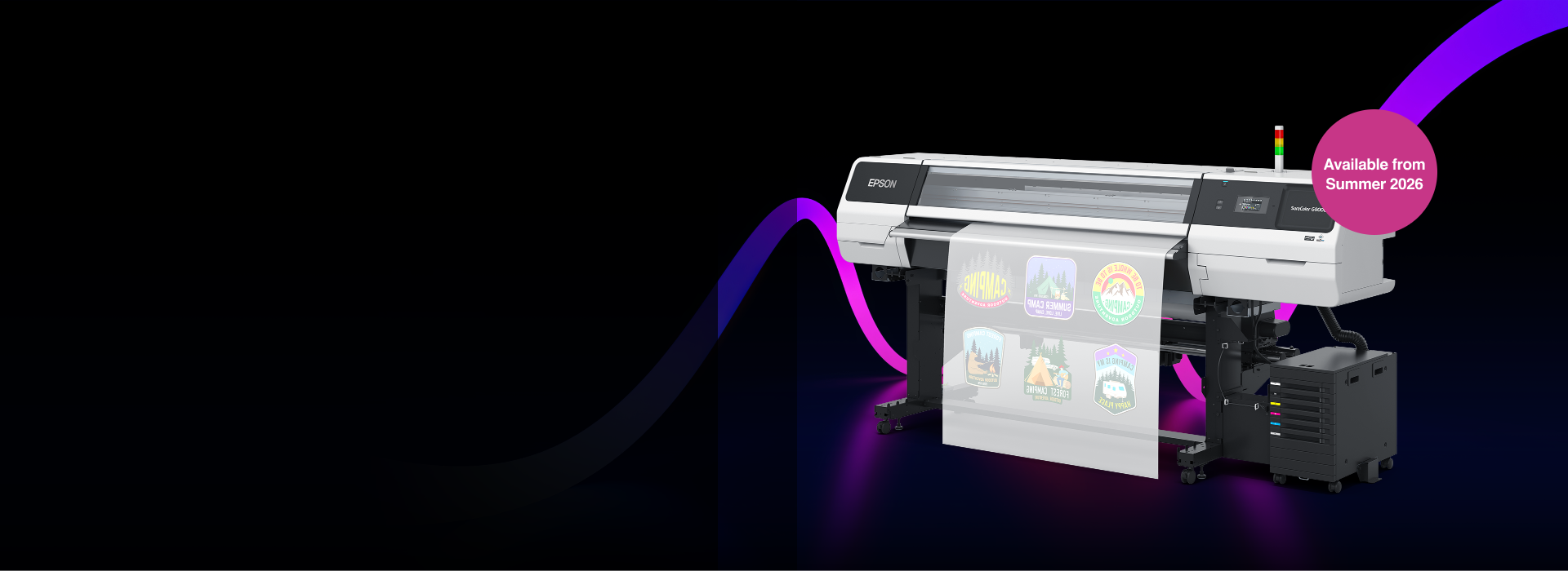 Epson G9000 roll-to-roll printer, with a pink superimposed label saying "Available from Summer 2025"