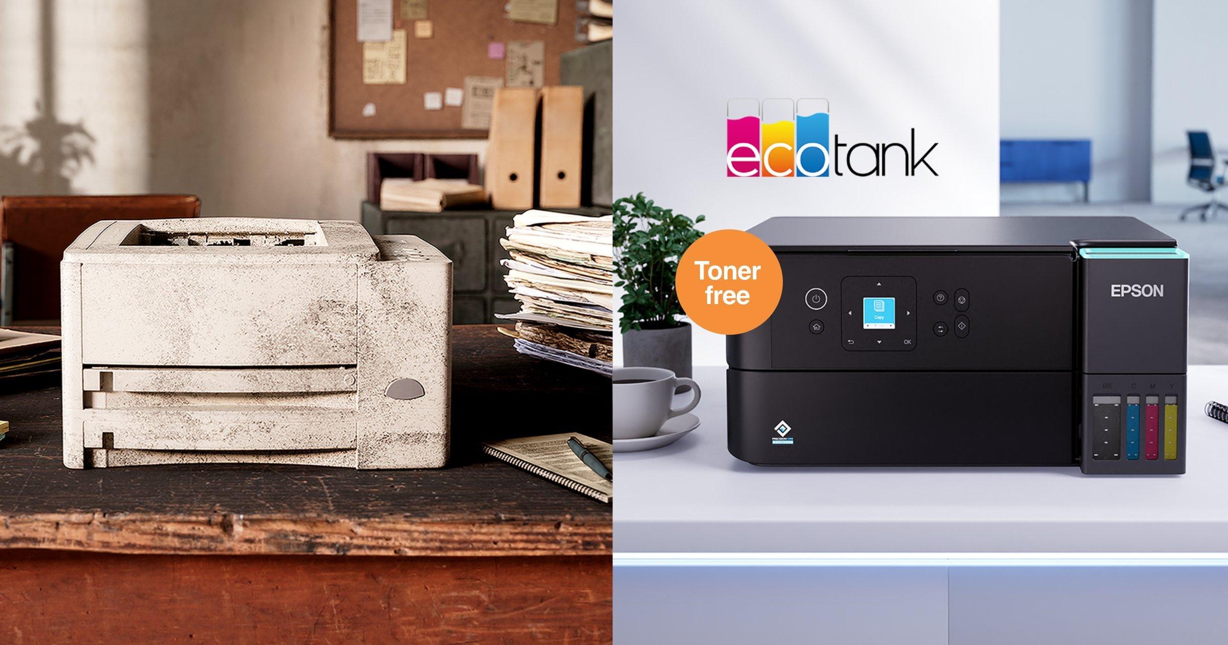 A worse-for-wear laser printer on the left, contrasting a brand new EcoTank printer on the right.