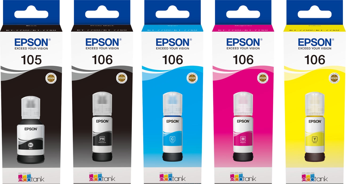 Komst geloof Overeenkomstig met 105/106 EcoTank Ink Series (105/106 inktflessen 5 kleuren Inks) | Inkten |  Inkt & papier | Producten | Epson Nederland