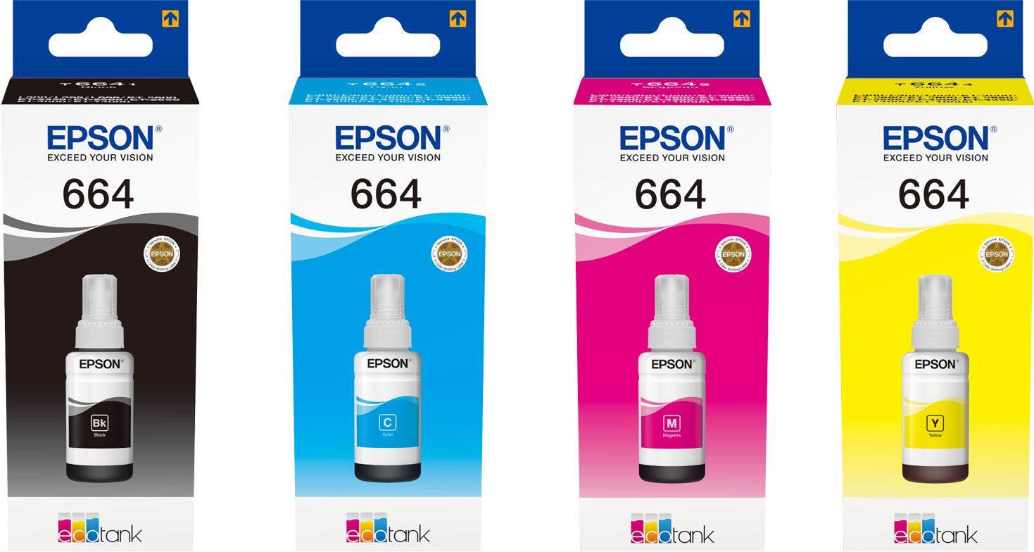 Epson Original 664 Ink Bottle Set (CMY + 2 x black) for EcoTank Printers -  Genuine Epson Ink Unboxed