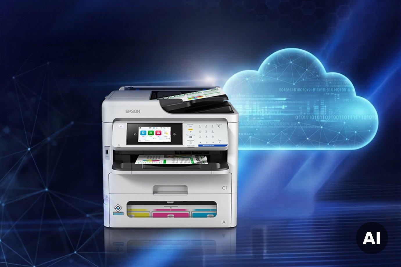 Принтер Epson с икона на облак зад него.