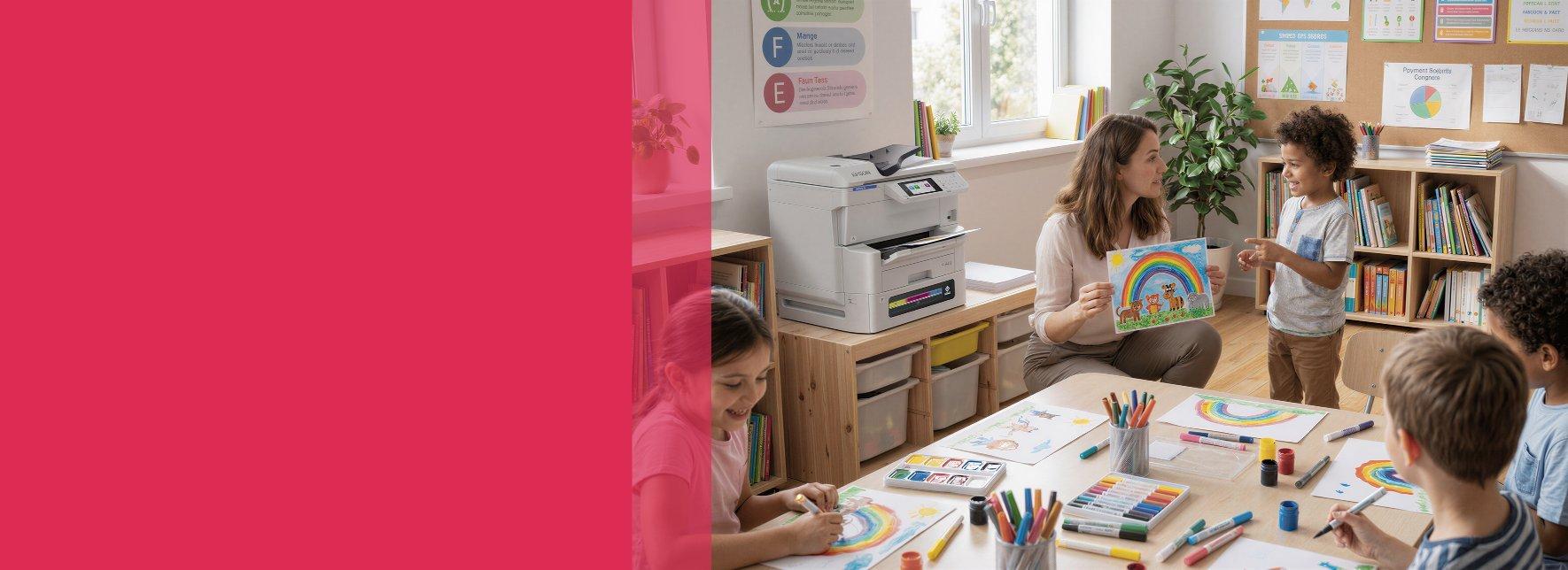 Eine Lehrerin unterrichtet eine Klasse mit kleinen Kindern. Auf einem Schrank steht ein Epson-Drucker.
