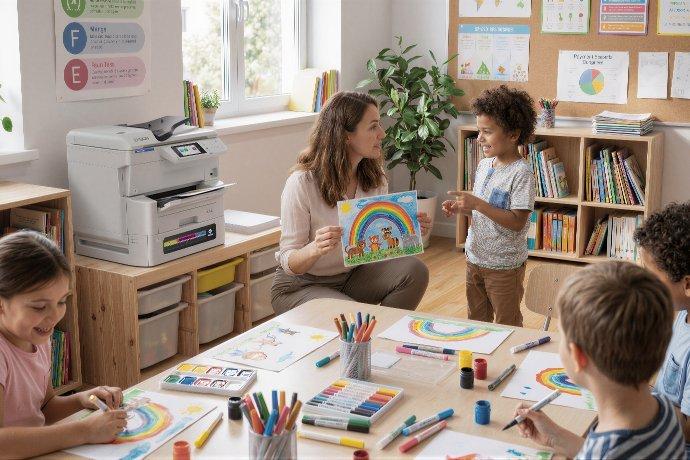 A teacher is a classroom with small children, a printer sits in the background.