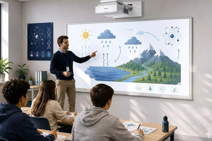 A teacher teaches a classroom in front of a projector.