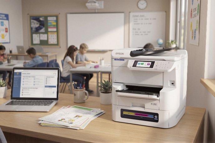 An Epson printer in the foreground, sat on a teacher's desk.
