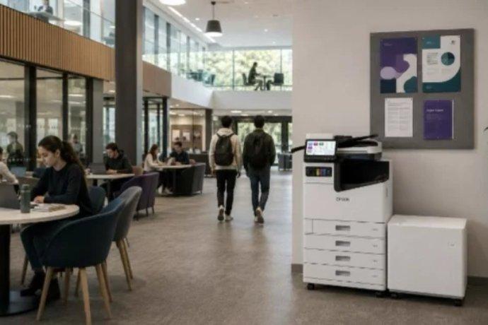 A large Epson printer sat against the wall in an open seating area of a school or college.