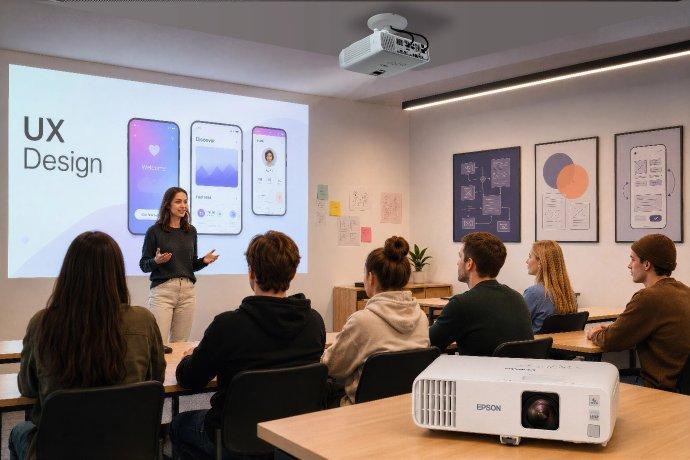 An Epson projector projecting onto the wall of a small clasroom.
