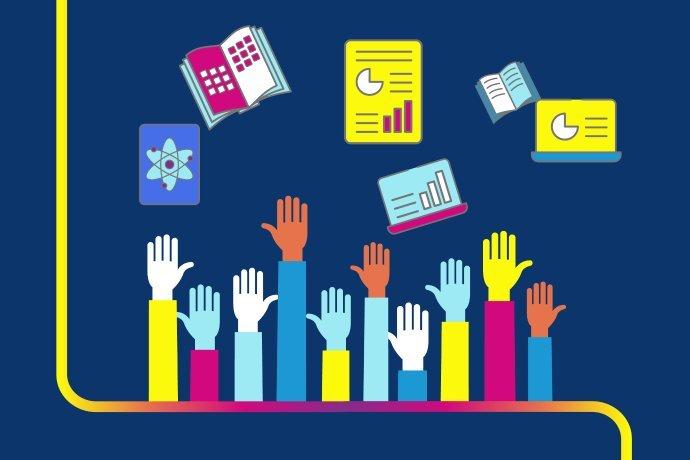 Graphic of hands reaching for various charts, books, posters.