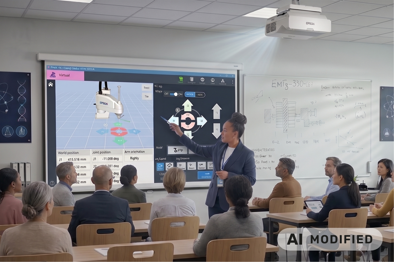 Ein Epson-Projektor, der vor einer Hochschulklasse die Software „Robots“ projiziert.