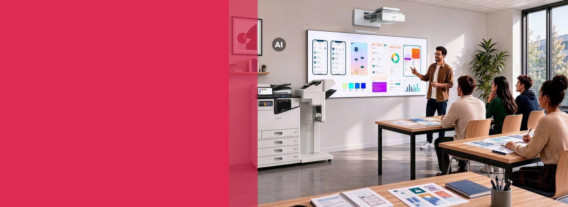 Ein Mann hält vor einer kleinen Gruppe von Menschen einen Vortrag. Neben ihm steht ein Epson-Drucker.