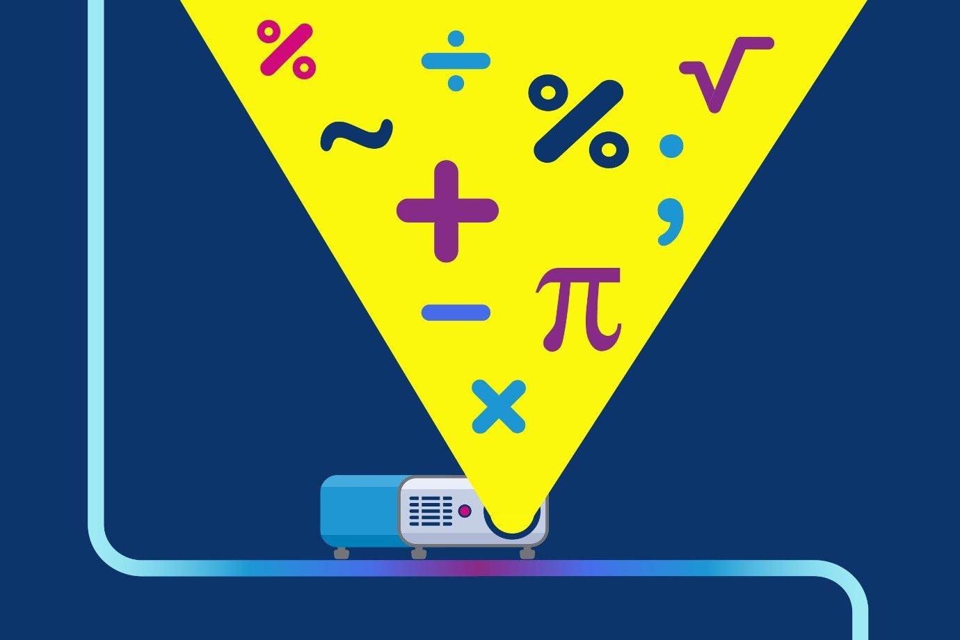 An illustration of a projector projecting many maths symbols 