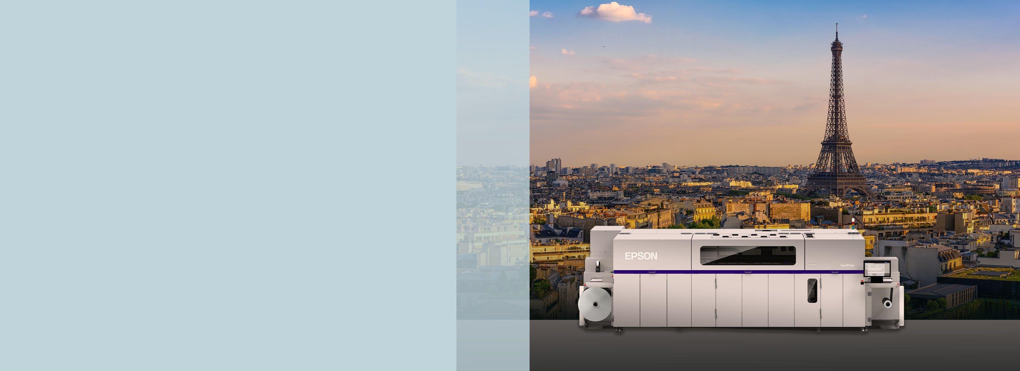 Epson SurePress L-5034 printer with Paris skyline in the background