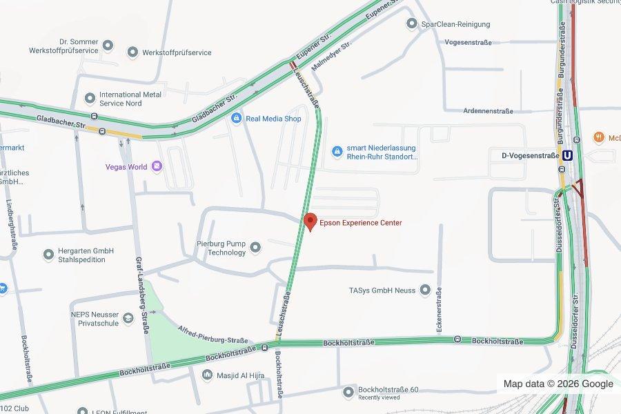 Google Maps screenshot showing the location of the Epson Experience Centre in Neuss.