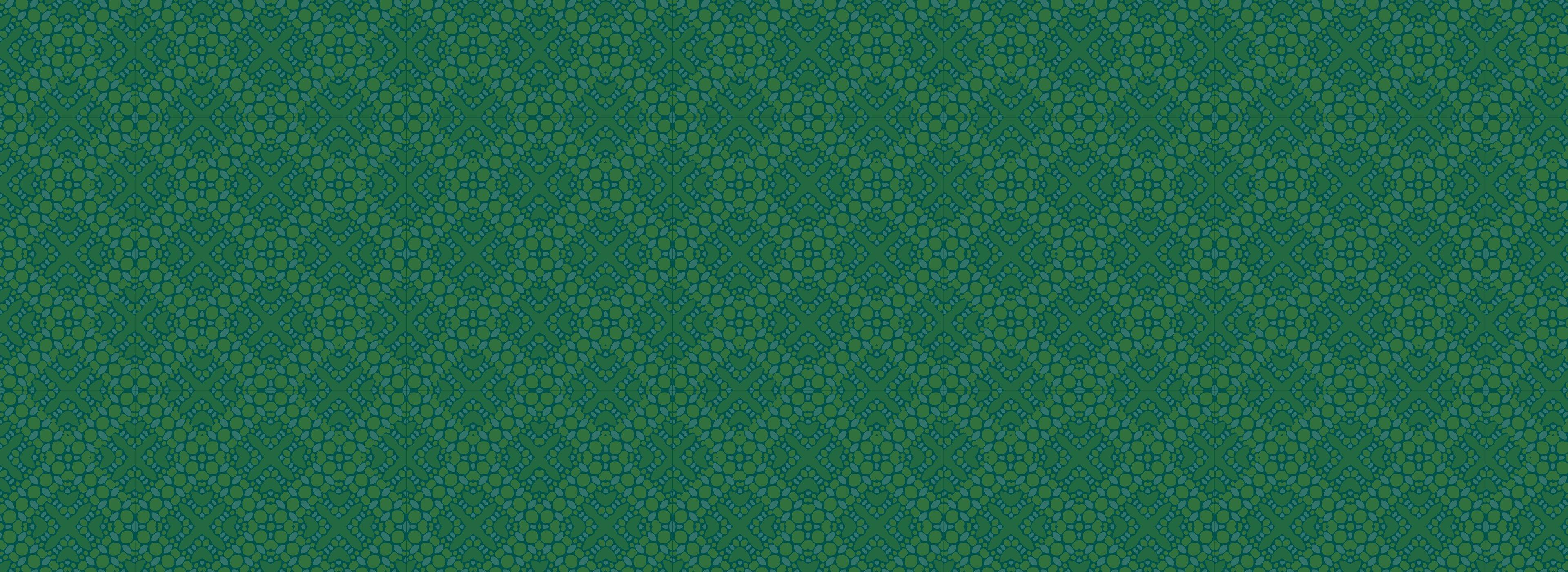 Intricate green and blue geometric pattern forming a repeating diamond lattice with floral motifs. The design is ornate and harmonious, creating a calming effect.
