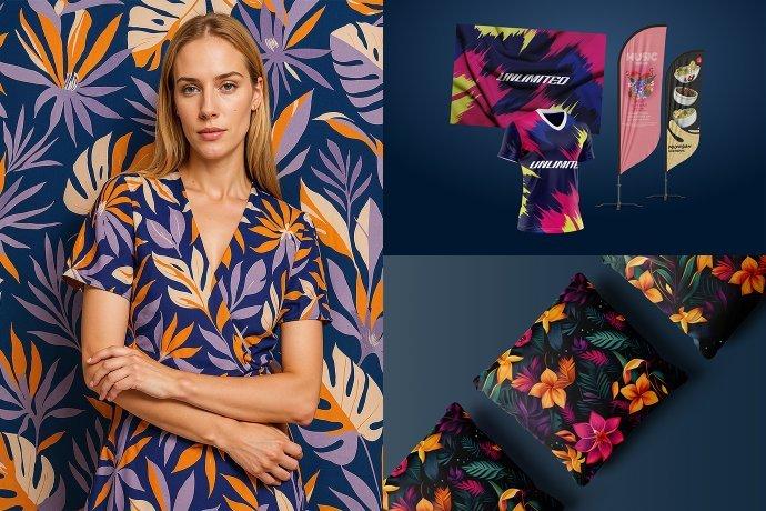 A collage of various dye sublimated fabrics, with a mix of floral patterns on different fabrics.