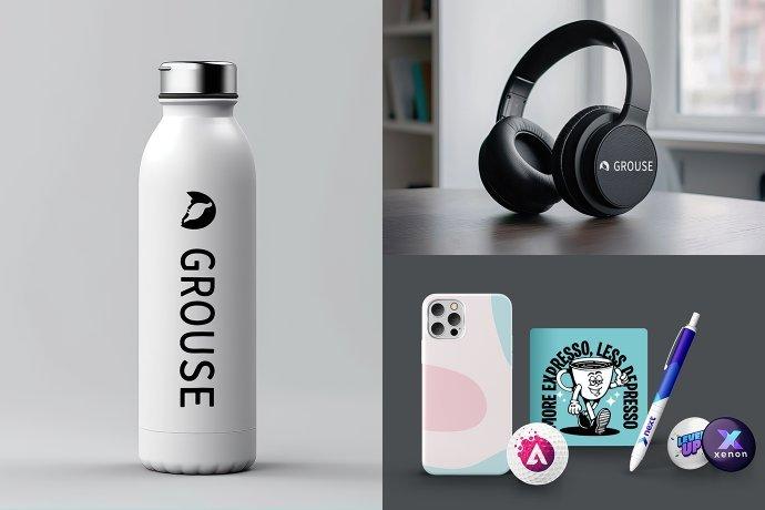 Various items with UV printed detailing; including a vacuum flask, headphones, badges and a phonecase.