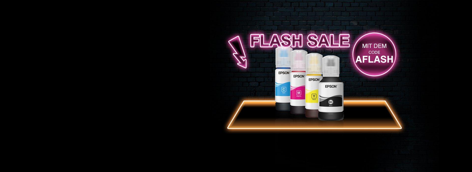 4 Epson EcoTank Ink bottles with a pink Flash Sale sign and arrow pointing at them against a black background and a promo- code next to them