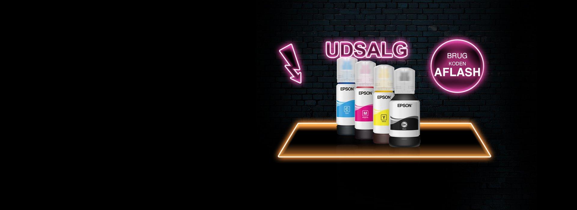 4 Epson EcoTank Ink bottles with a pink Flash Sale sign and arrow pointing at them against a black background and a promo- code next to them