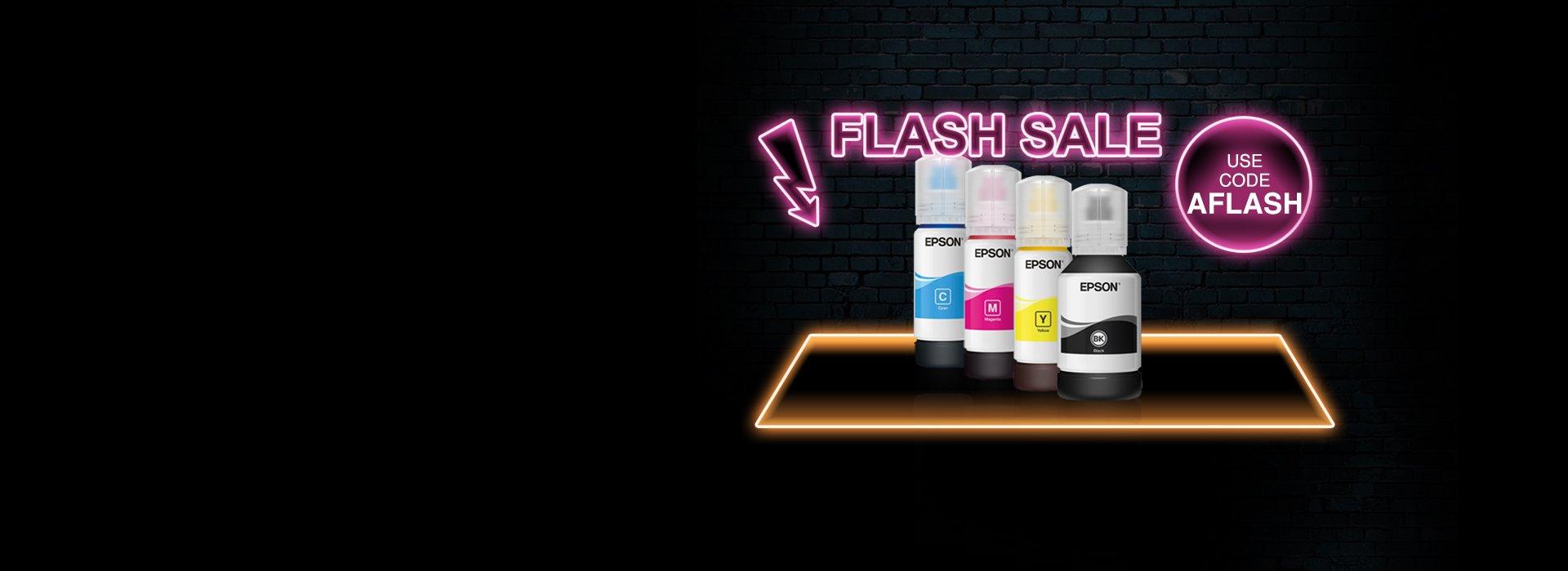 4 Epson EcoTank Ink bottles with a pink Flash Sale sign and arrow pointing at them against a black background and a promo- code next to them