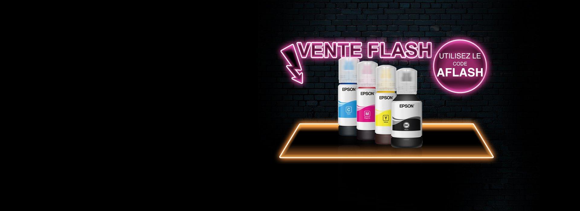 4 Epson EcoTank Ink bottles with a pink Flash Sale sign and arrow pointing at them against a black background and a promo- code next to them
